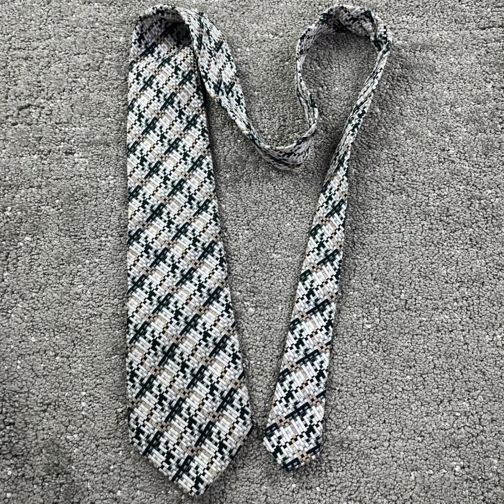 Vintage 70s Superba Qiana Nylon Wide Tie Mens Plaid Green Beige Necktie